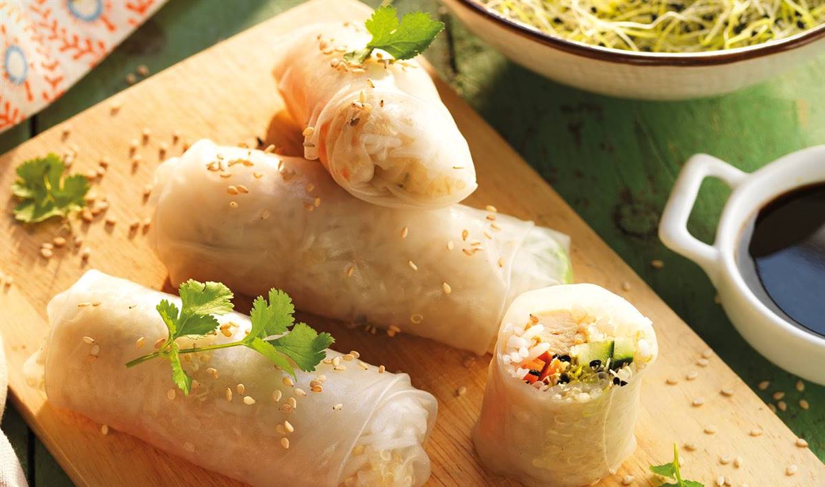 Rollitos rellenos de arroz, verduras y pollo