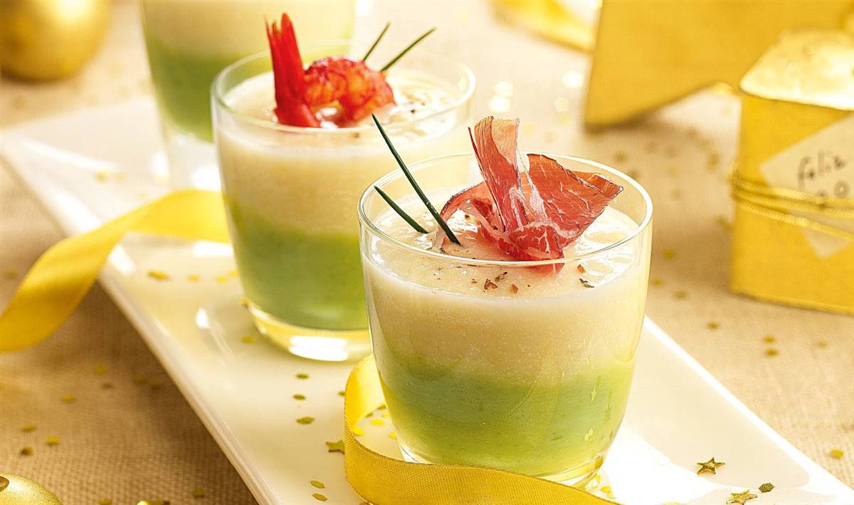 Crema de espárragos bicolor con jamón