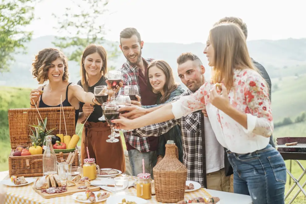 grupo amigos comiendo en el campo felices brindado con vino