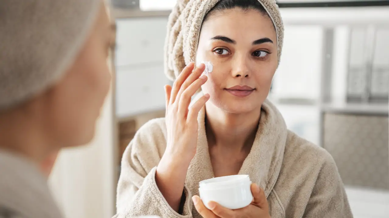 Chica poniéndose crema facial