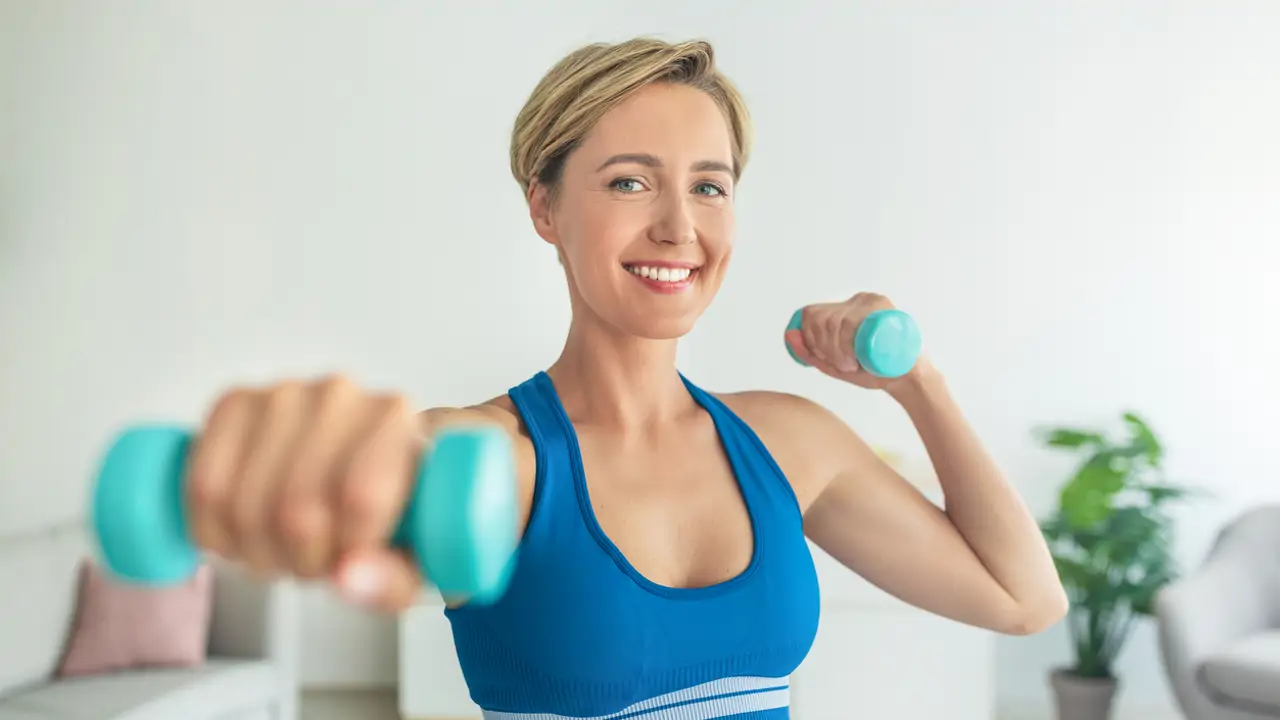 Mujer sonriente de mediana edad haciendo ejercicio con dos mancuernas en casa
