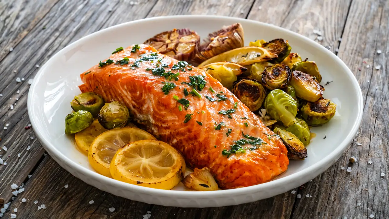 Filete de salmón frito y ajo, coles de Bruselas