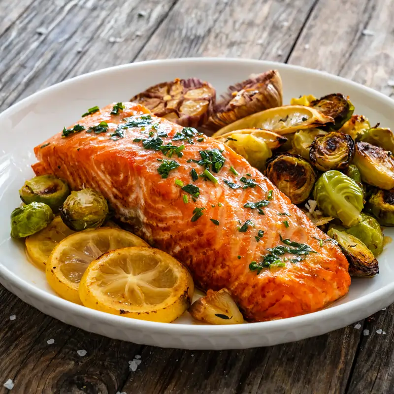 Filete de salmón frito y ajo, coles de Bruselas