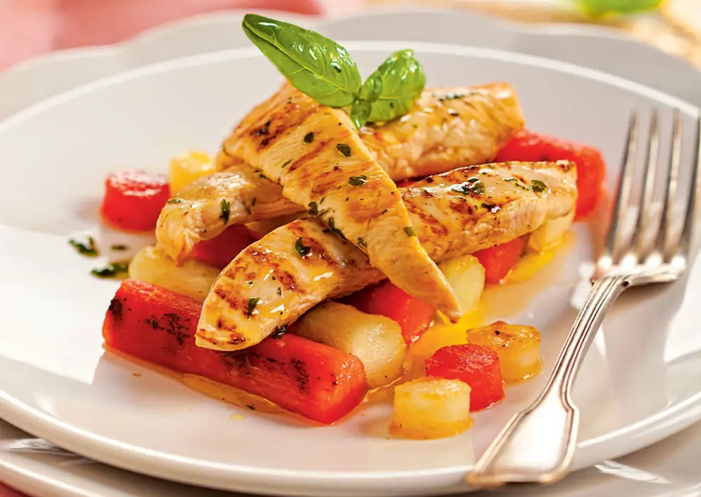 pollo con sandía y melón 