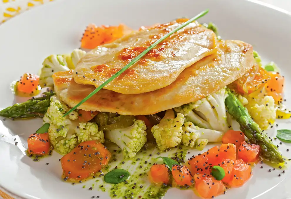 pollo con verduras y salsa pesto 