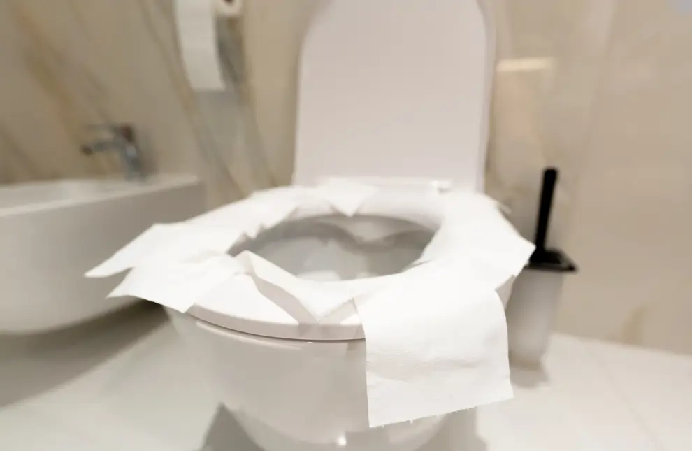 Un asiento de inodoro cubierto con papel de baño para la protección de la higiene